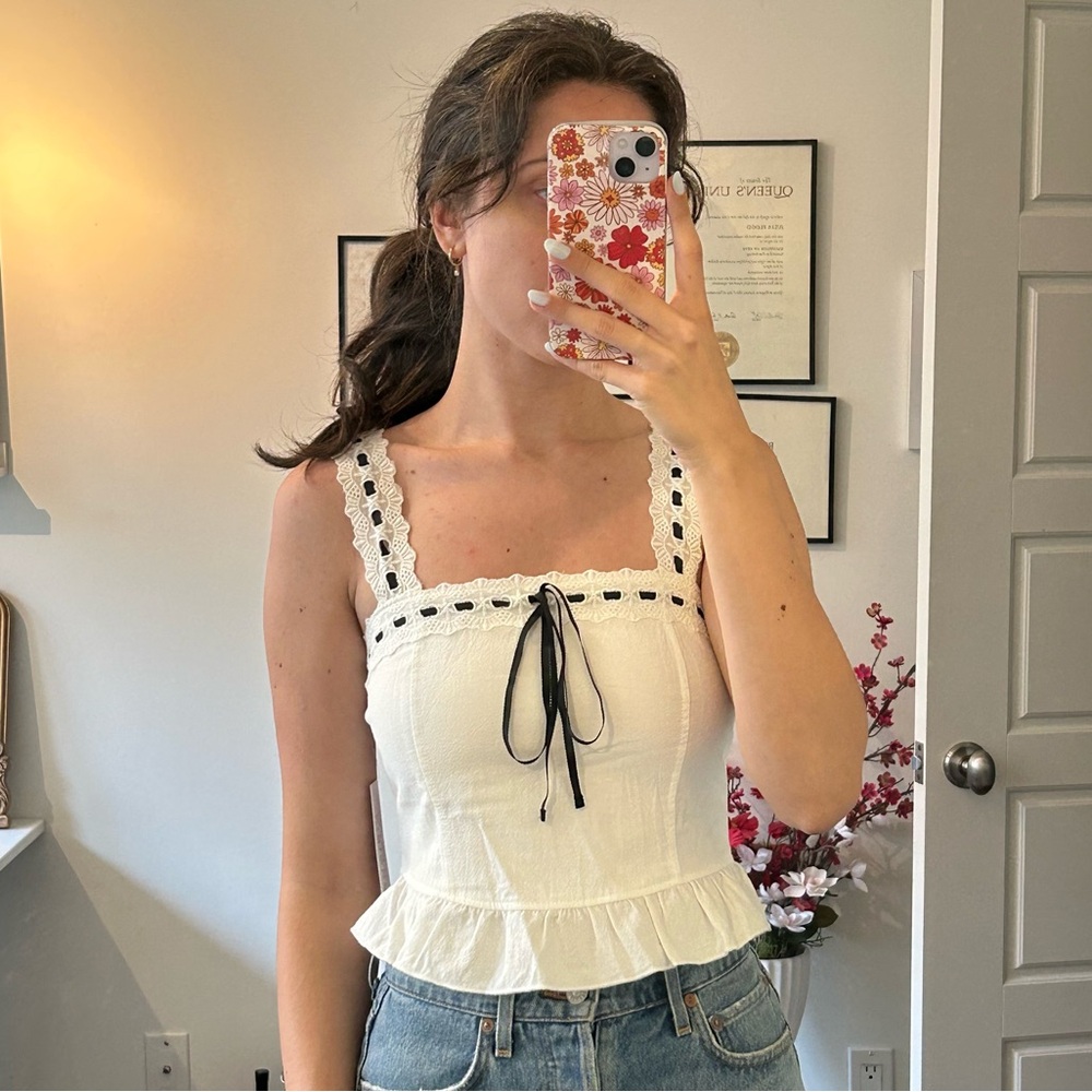 White Linen Feel Lace Trimmed Top